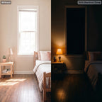 Blackout curtain before and after, same window, same time of day, total darkness
