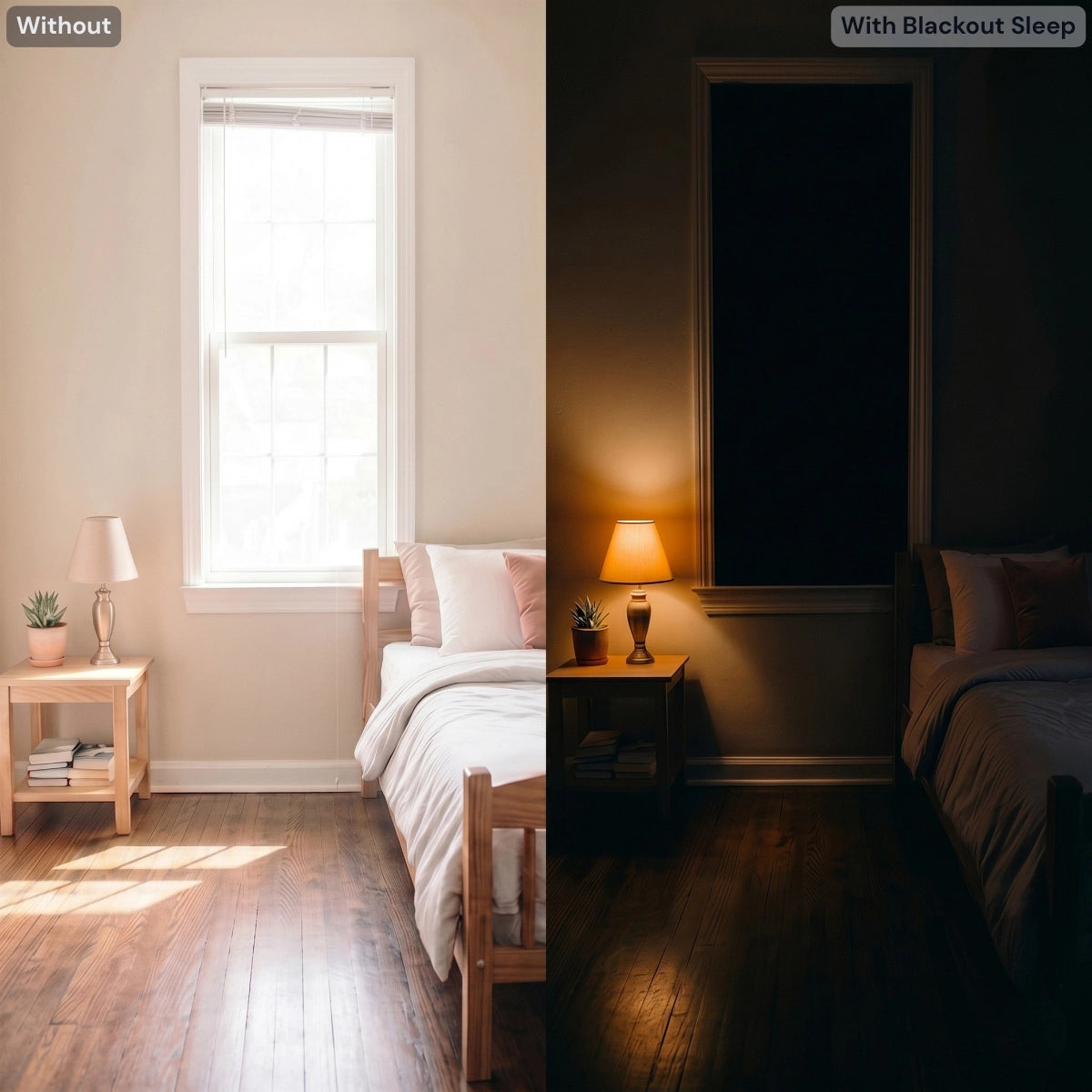 Blackout curtain before and after, same window, same time of day, total darkness
