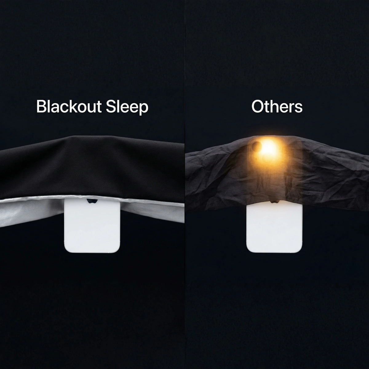 Flashlight test showing 100% light blocking — Blackout Sleep vs others