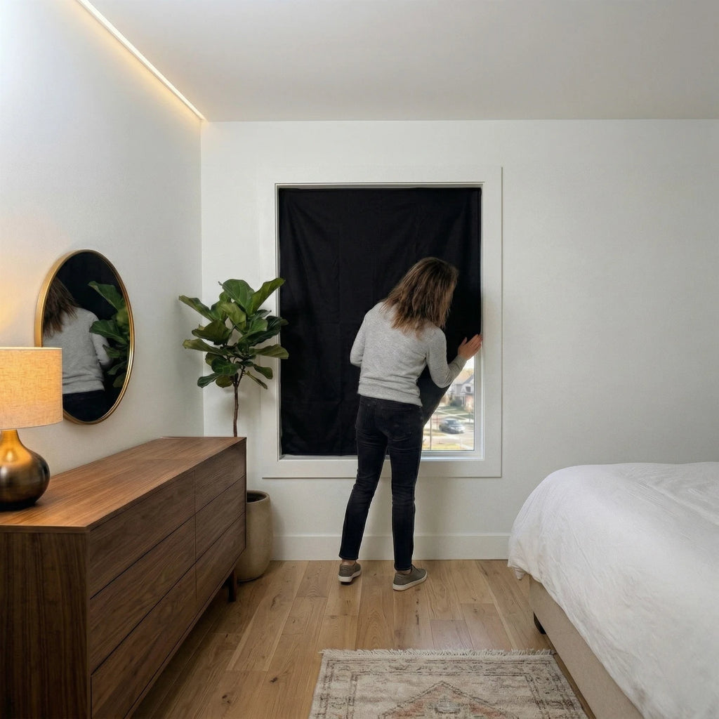 Blackout curtain installation — no drill, no holes, attaches in minutes
