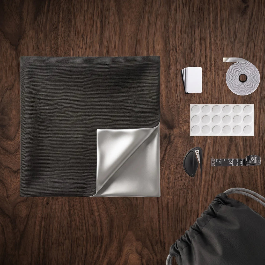 Blackout curtain kit contents — fabric panel, velcro strip, magnets, tape measure, carry bag